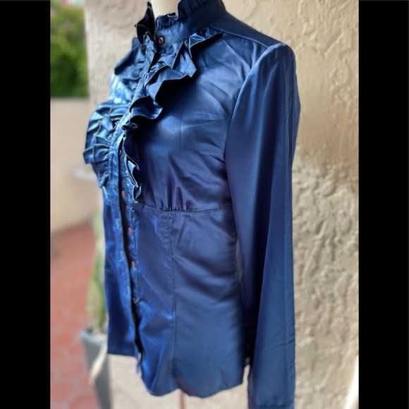 WOMAN BLUE BLOUSE LONG SLEEVES RUFFLED NECKLINE HIGH NECK BUTTONS SIZE M - Picture 16 of 16